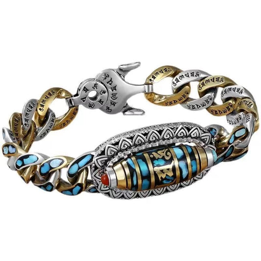 Turquoise Six-character Mantra Nine-eyed Dzi Bead Bracelet